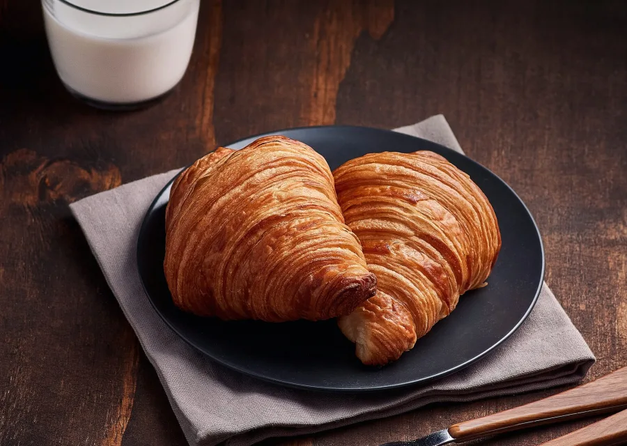 Croissants dorés sur assiette sombre et table en bois