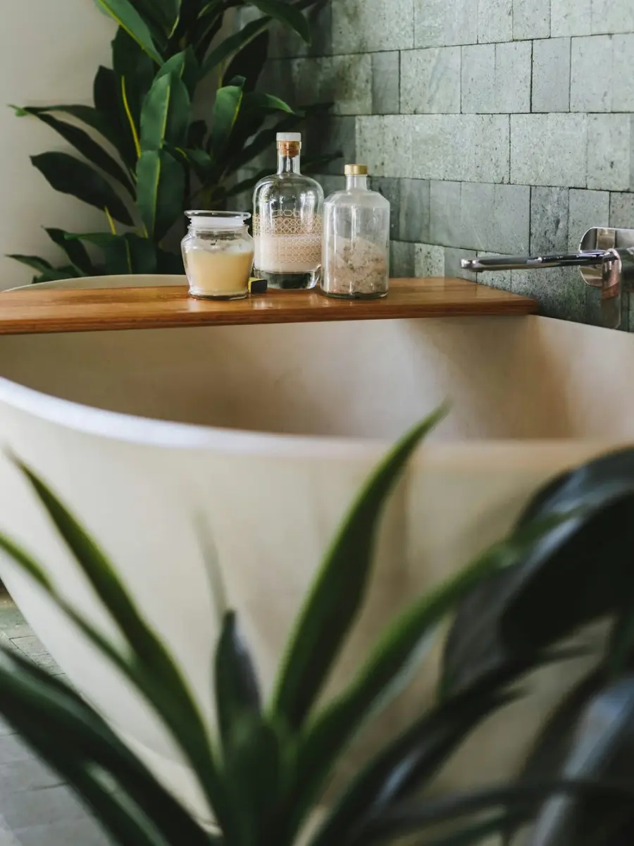 Baignoire îlot devant un mur d'ardoise, plantes